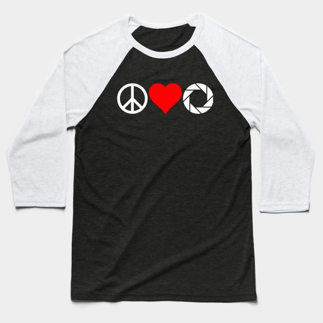 peace love aperture (white) Baseball T-Shirt by PhotoPunk